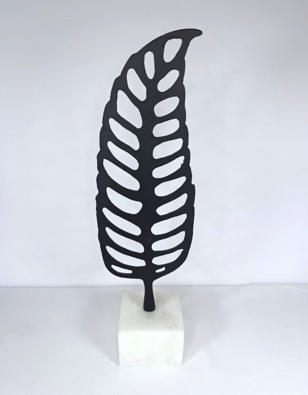 Modern Metal Leaf Sculpture on White Marble Base Art Decor